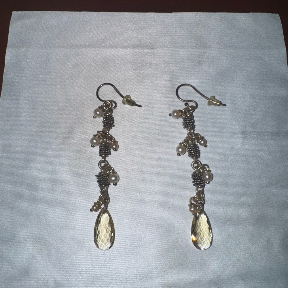 Michael Dawkins Sterling Silver 925 Dangle Earrings Citrine Teardrops/Pearls 3in